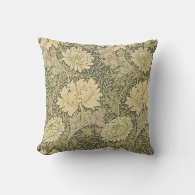 William Morris Chrysanthemum Sage Flower Cushion (Front)