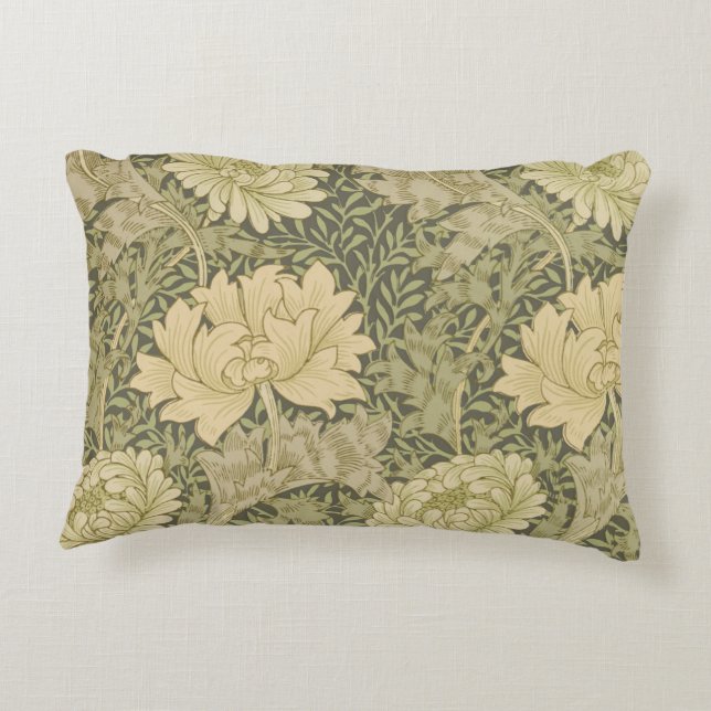 William Morris Chrysanthemum Sage Flower Decorative Cushion (Back)