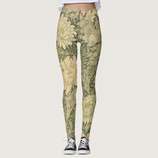 William Morris Chrysanthemum Sage Flower Leggings (Front)