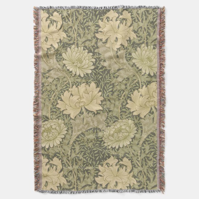 William Morris Chrysanthemum Sage Flower Throw Blanket (Front Vertical)