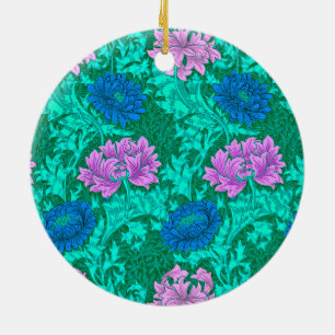 William Morris Chrysanthemums, Aqua and Violet Ce Ceramic Ornament