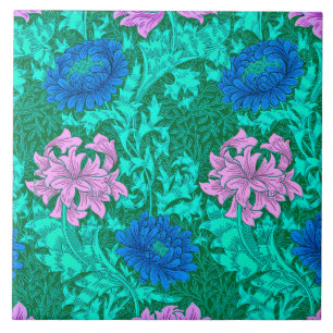 William Morris Chrysanthemums, Aqua and Violet Ceramic Tile