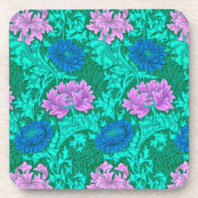 William Morris Chrysanthemums, Aqua and Violet  Coaster (Front)