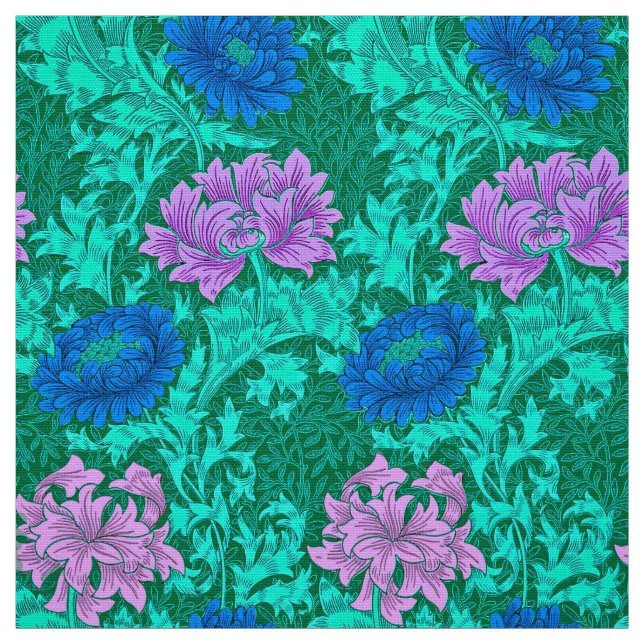 William Morris Chrysanthemums, Aqua and Violet Fabric (Swatch)