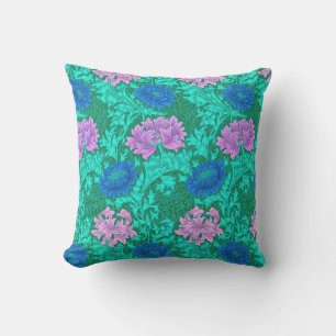 William Morris Chrysanthemums, Aqua and Violet Outdoor Cushion
