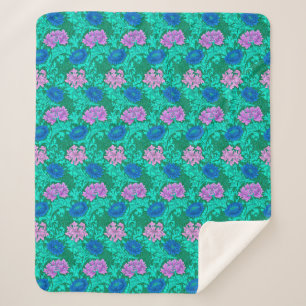 William Morris Chrysanthemums, Aqua and Violet Sherpa Blanket