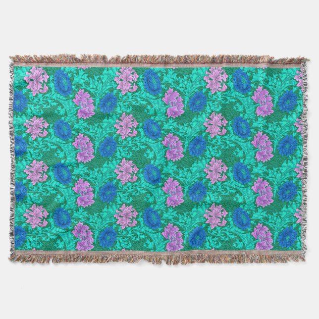 William Morris Chrysanthemums, Aqua and Violet Throw Blanket (Front)
