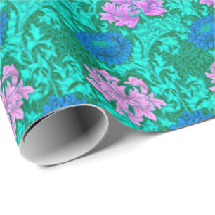 William Morris Chrysanthemums, Aqua and Violet Wrapping Paper