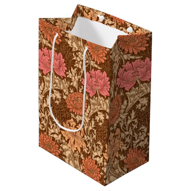 William Morris Chrysanthemums, Brown and Rust Medium Gift Bag (Front Angled)