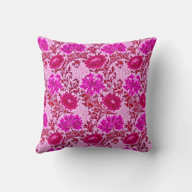 William Morris Chrysanthemums, Burgundy and Pink Cushion (Back)