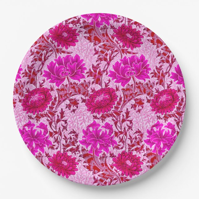 William Morris Chrysanthemums Burgundy and Pink Paper Plate (Front)