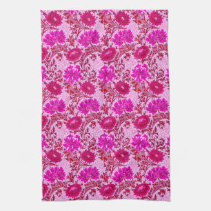 William Morris Chrysanthemums, Burgundy and Pink Tea Towel
