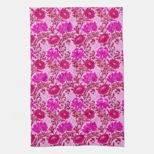 William Morris Chrysanthemums, Burgundy and Pink Tea Towel (Vertical)
