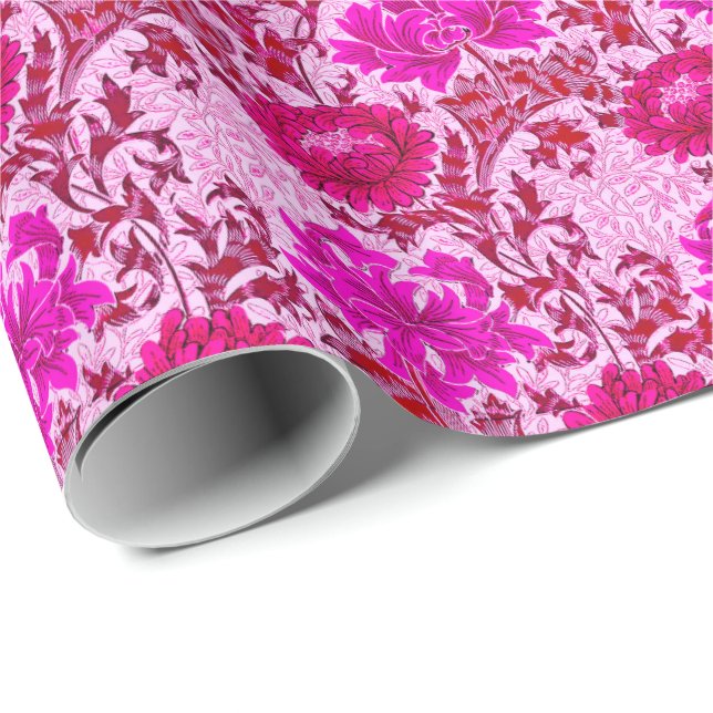 William Morris Chrysanthemums, Burgundy and Pink Wrapping Paper (Roll Corner)