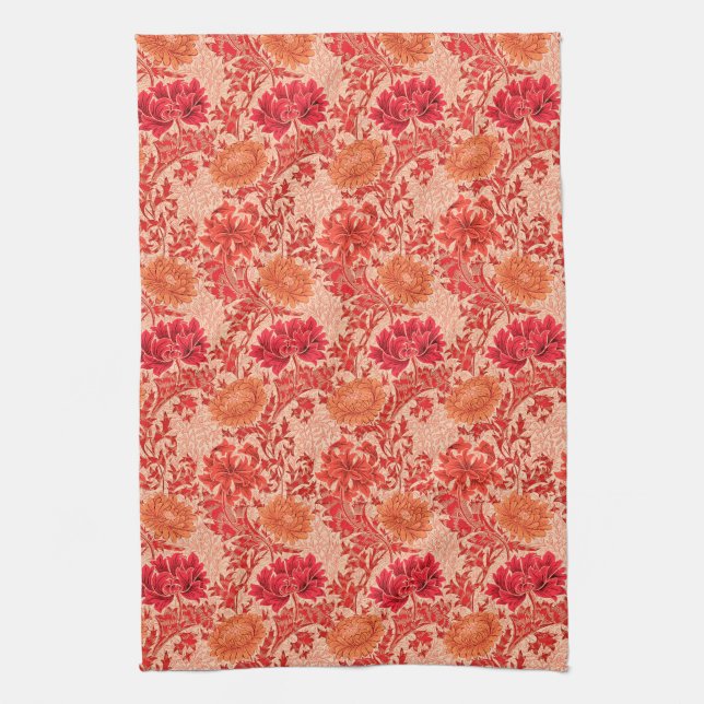 William Morris Chrysanthemums, Coral Orange Tea Towel (Vertical)