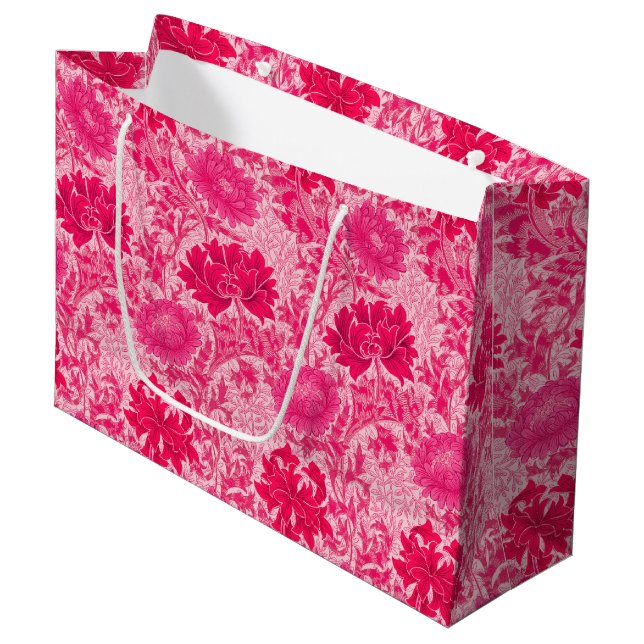 William Morris Chrysanthemums, Fuchsia Pink Large Gift Bag (Front Angled)