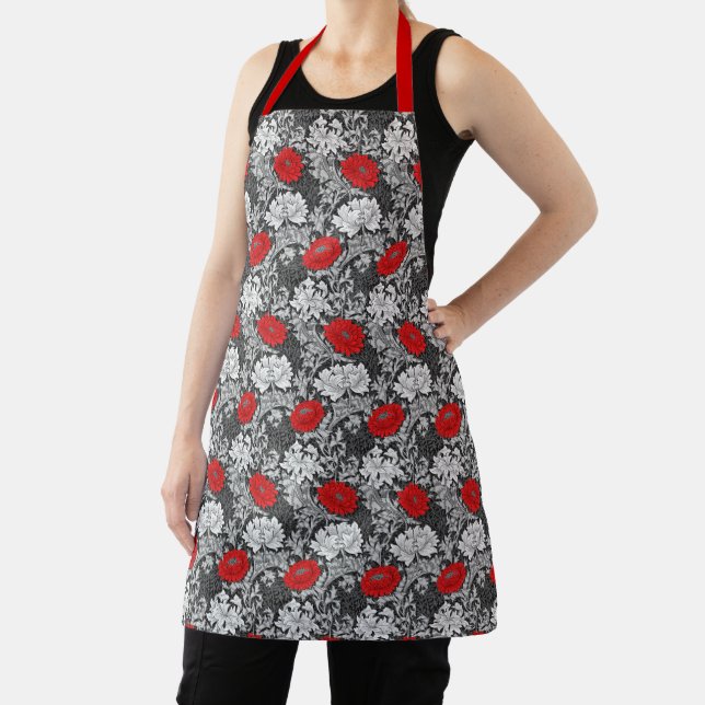 William Morris Chrysanthemums, Grey and Red Apron (Insitu)