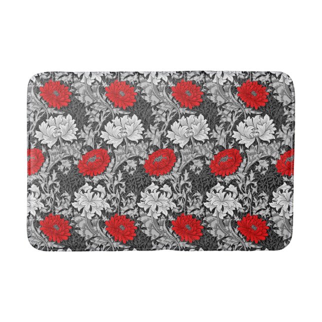 William Morris Chrysanthemums, Grey and Red Bath Mat (Front)