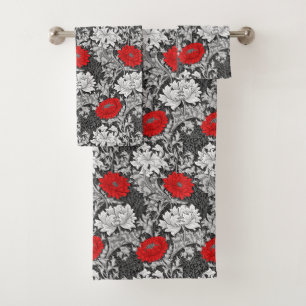 William Morris Chrysanthemums, Grey and Red Bath Towel Set