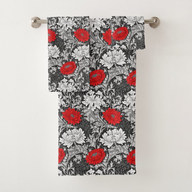 William Morris Chrysanthemums, Grey and Red Bath Towel Set (Insitu)