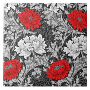 William Morris Chrysanthemums, Grey and Red Ceramic Tile