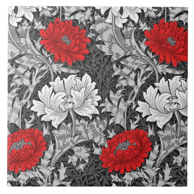 William Morris Chrysanthemums, Grey and Red Ceramic Tile (Front)