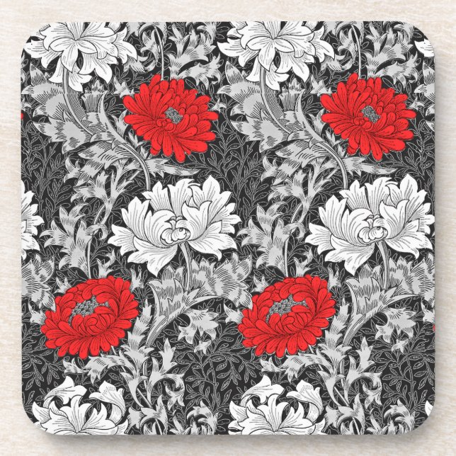 William Morris Chrysanthemums, Grey and Red Coaster (Front)