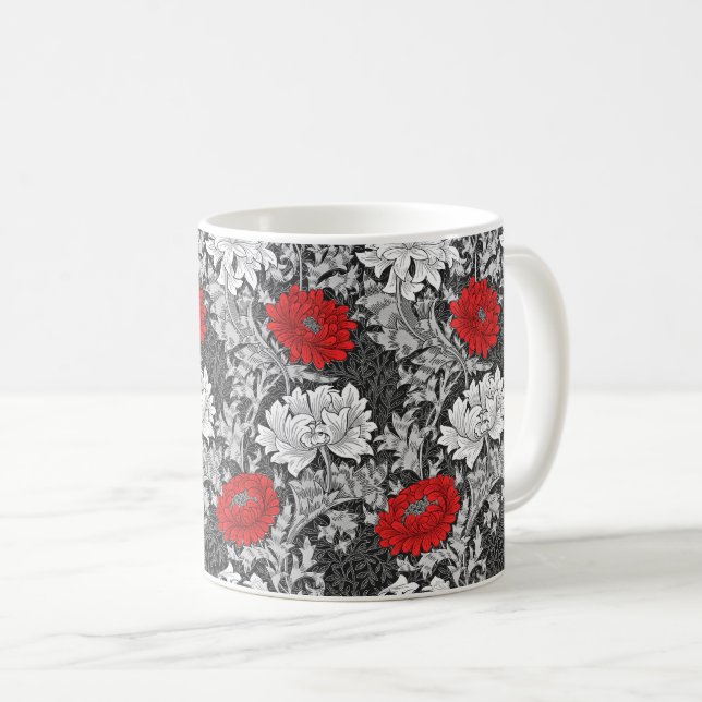William Morris Chrysanthemums, Grey and Red Coffee Mug (Front Right)