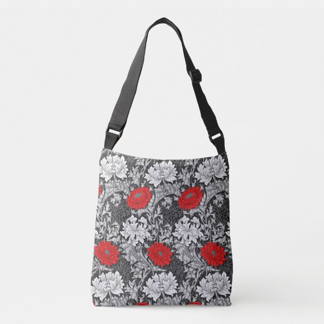 William Morris Chrysanthemums, Grey and Red Crossbody Bag (Front)