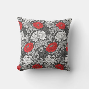 William Morris Chrysanthemums, Grey and Red Cushion