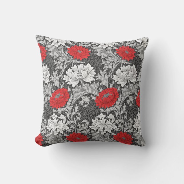 William Morris Chrysanthemums, Grey and Red Cushion (Front)