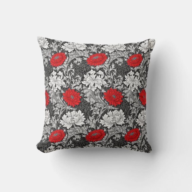 William Morris Chrysanthemums, Grey and Red Cushion (Front)