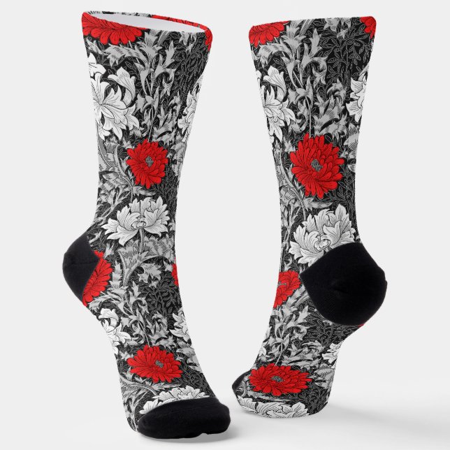 William Morris Chrysanthemums, Grey and Red Socks (Angled)