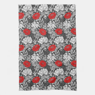 William Morris Chrysanthemums, Grey and Red Tea Towel