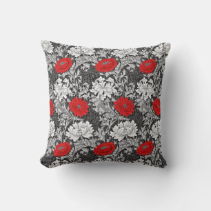 William Morris Chrysanthemums, Grey and Red Throw  Cushion