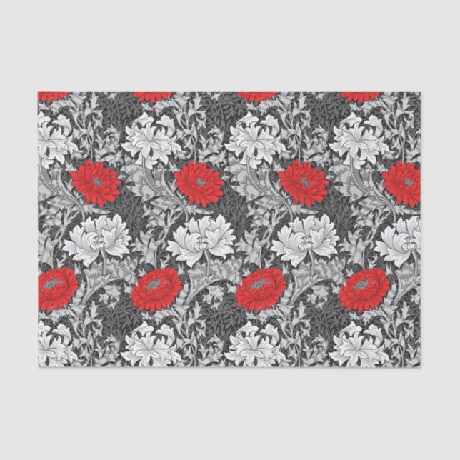 William Morris Chrysanthemums, Grey and Red Tissue Paper (Front)