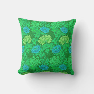William Morris Chrysanthemums, Lime Green & Aqua Cushion