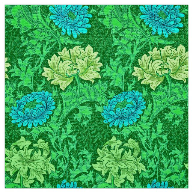 William Morris Chrysanthemums, Lime Green & Aqua Fabric (Swatch)