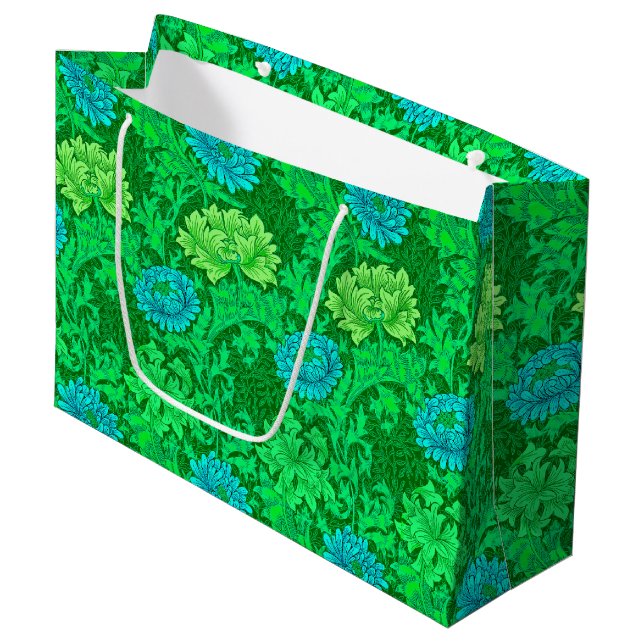 William Morris Chrysanthemums, Lime Green & Aqua Large Gift Bag (Front Angled)