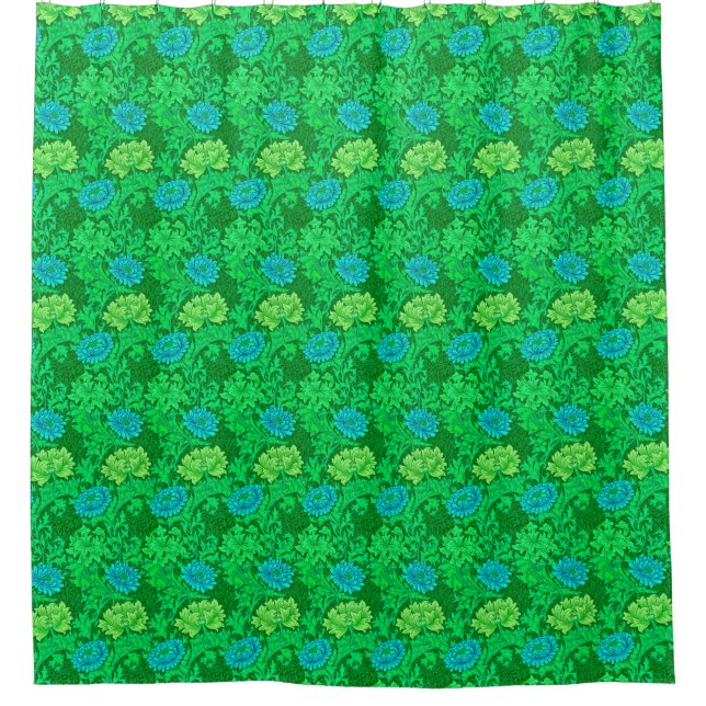 William Morris Chrysanthemums, Lime Green & Aqua Shower Curtain (Front)