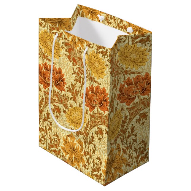 William Morris Chrysanthemums, Mustard Gold Medium Gift Bag (Front Angled)