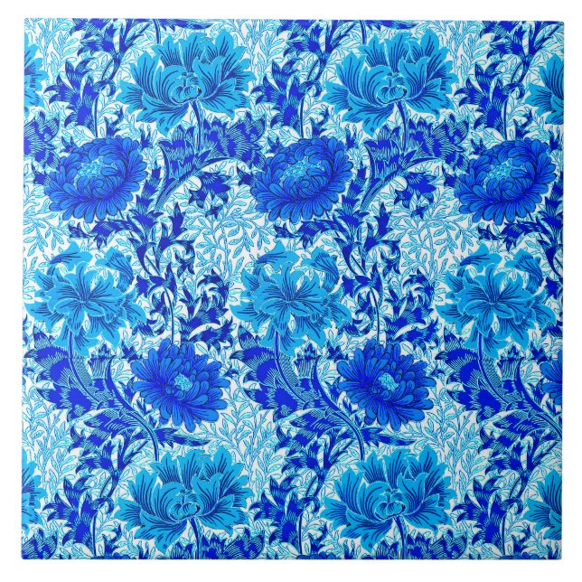 William Morris Chrysanthemums Shades of Denim Blue Ceramic Tile (Front)
