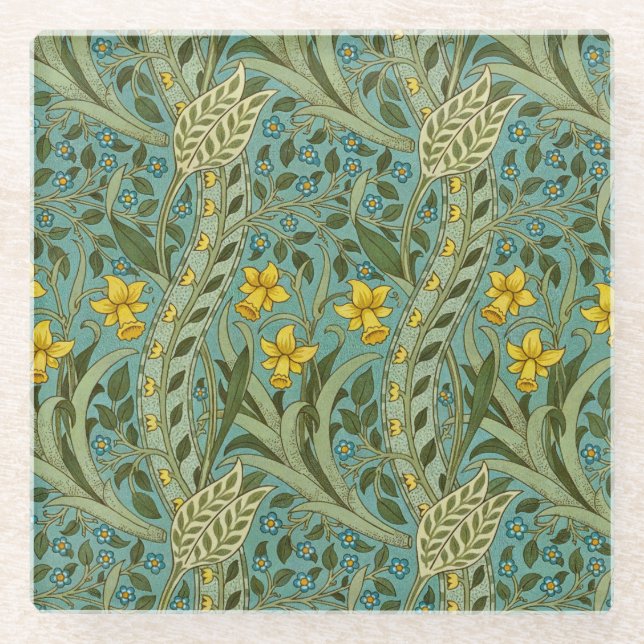 William Morris Daffodil Floral Pattern Classic Glass Coaster (Front)