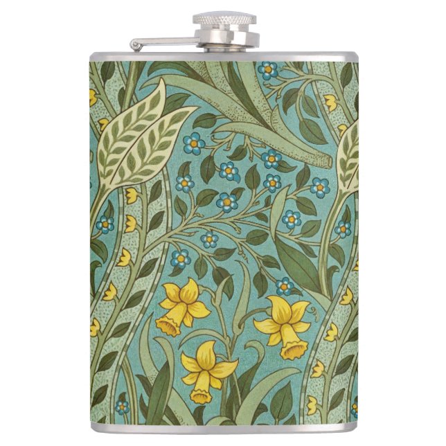 William Morris Daffodil Floral Pattern Classic Hip Flask (Front)