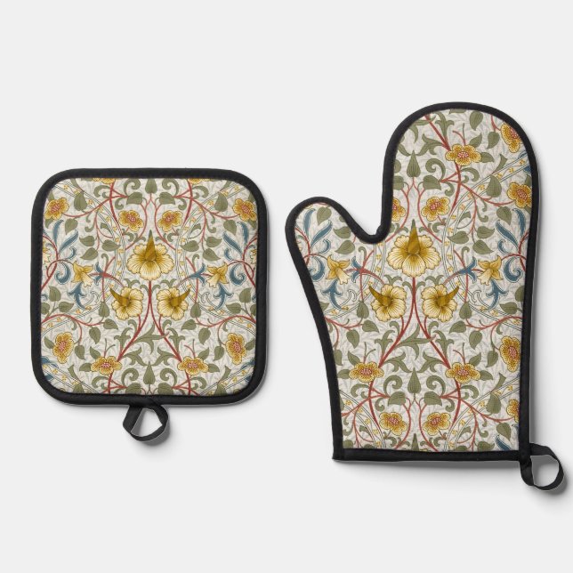 William Morris Daffodil Floral Pattern Oven Mitt & Pot Holder Set (Front)