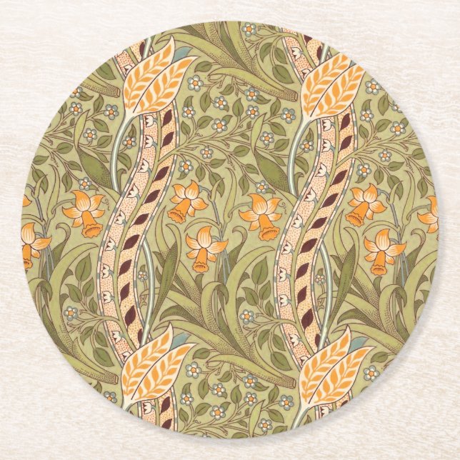 William Morris Daffodil Garden Flower Classic Bota Round Paper Coaster (Front)