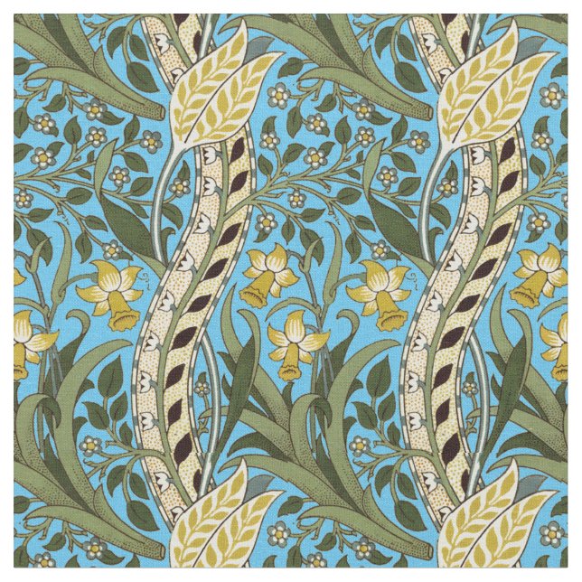 William Morris Daffodil Vintage Blue Pattern Fabric (Close Up)