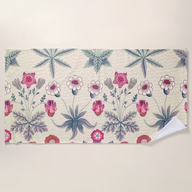 William Morris Daisy Floral Pattern Red Orange Beach Towel (Front)