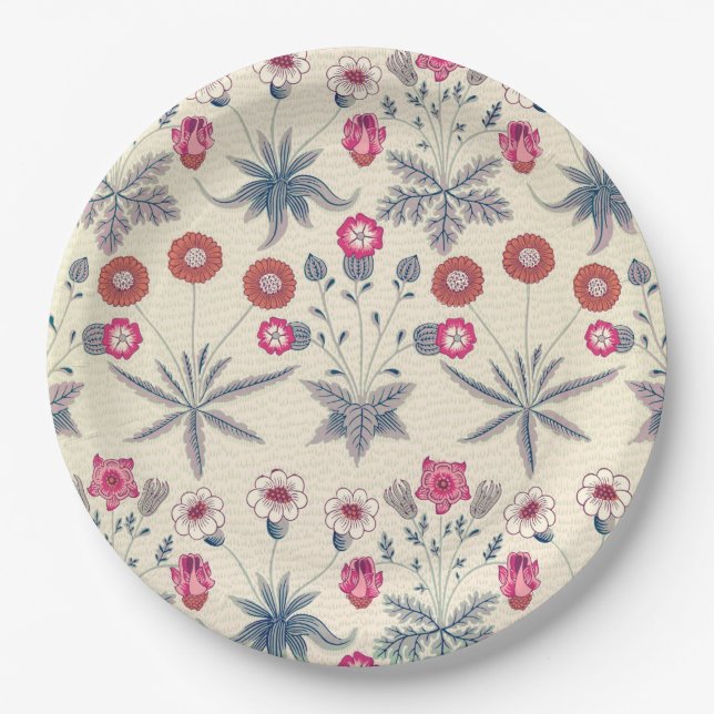 William Morris Daisy Floral Pattern Red Orange Paper Plate (Front)
