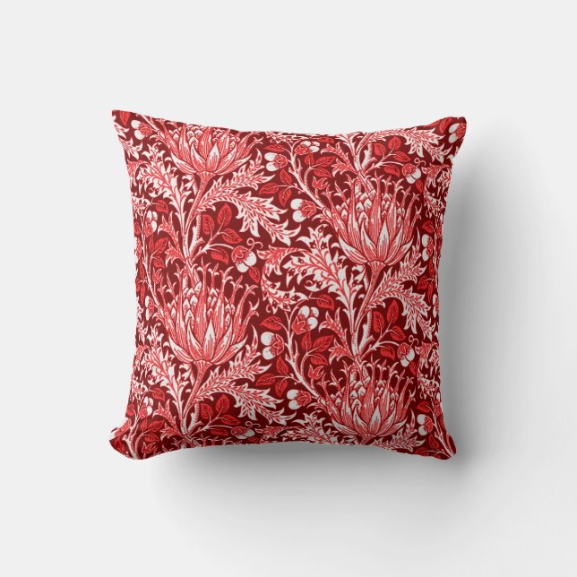 William Morris Damask, Dark Red & White Cushion (Front)